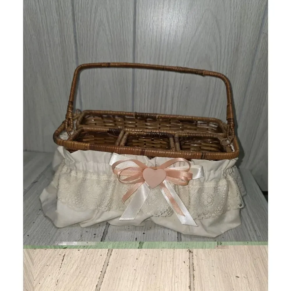Vintage Wicker Basket Storage Caddy Silverware Picinic Organizer Heart Lace Bow
